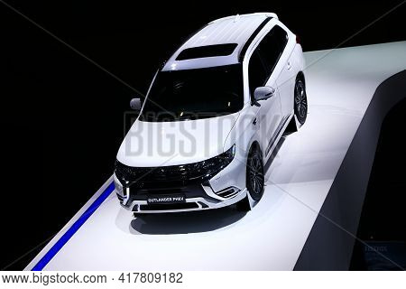 Geneva, Switzerland - March 10, 2019: Plug-in Hybrid Crossover Mitsubishi Outlander Phev Presented A