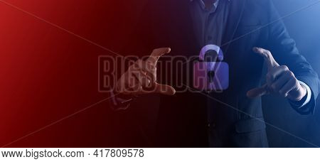 Cyber Security Network. Padlock Icon And Internet Technology Networking. Businessman Protecting Data