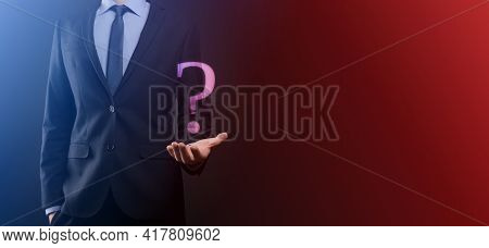 Businessman Man Hand Hold Interface Question Marks Sign Web. Ask Quiestion Online, Faq Concept, What