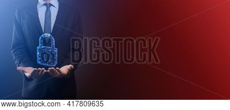 Cyber Security Network. Padlock Icon And Internet Technology Networking. Businessman Protecting Data