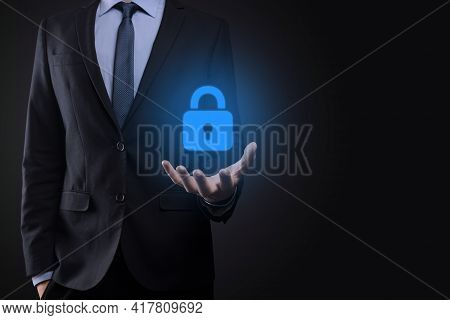 Cyber Security Network. Padlock Icon And Internet Technology Networking. Businessman Protecting Data