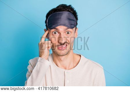 Portrait Of Nice Funny Confused Guy Wearing Sleep Mask Oops Mistake Touching Temple Dint Know Isolat