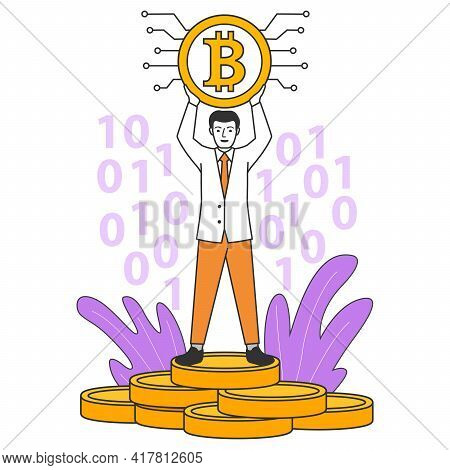 A Successful Rich Businessman Stands On A Stack Of Coins.a Man Holds In Hand Bitcoin.