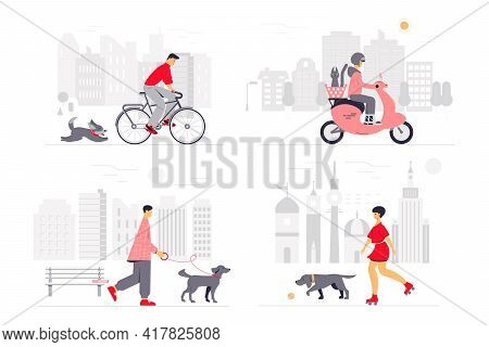 People Spending Time With Pets In The City. Concept Of Outdoor Activities, Taking Care Of Pets, Baby