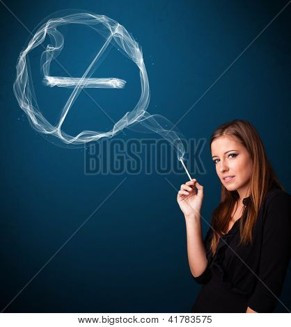Cigarro de unheathy de fumar muito jovem senhora com nenhum sinal de fumar