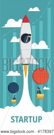 Startup Concept Illustration. A Businessman On A Rocket Quickly Outpaces Competitors In Balloons. Bu