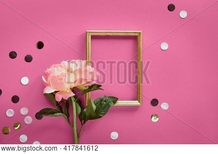 Pink Peony Flower, Greeting Card, Golden Frame. Minimal Simple Flat Lay On Abstract Pink Geometric B