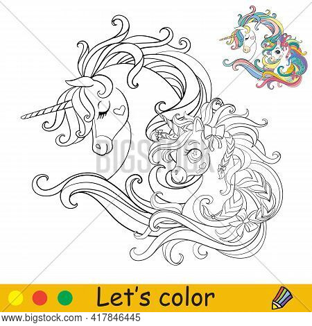 Cute Heads Of Two Unicorns In Profile. Coloring Book Page With Colorful Template. Vector Cartoon Iso