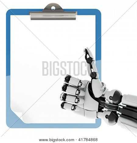 Braccio robotico isolata mostrando il pollice in alto e trascinatore carta su sfondo bianco