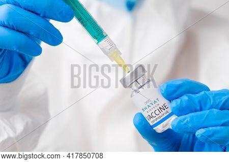 Bharat Biotech Vaccine Against Coronavirus Collected Into The Syringe By Health Worker Or Doctor In 