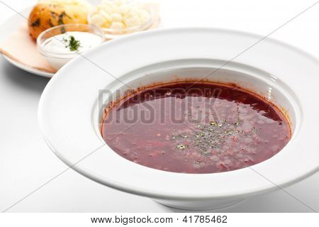 Beetroot and Cabbage Soup with Bread, Lard and Sour Cream
