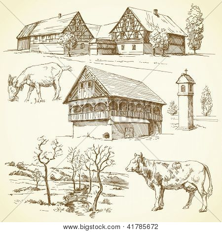 Agriturismo, paesaggio rurale, agricoltura - collezione disegnata a mano