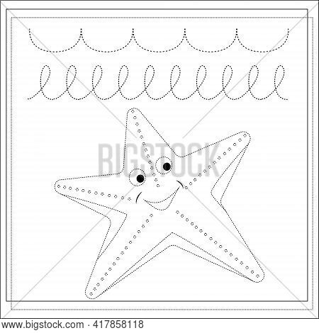 Page Coloring Book, Handwriting Practice For Kids, Starfish. A Sketch. Vector Illustration Isolated 