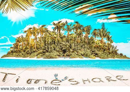 Whole Tropical Island Within Atoll In Tropical Ocean And Inscription 