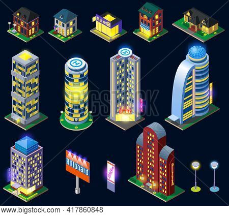 Night City Isometric Icons With Illuminated Sky Scrapers And Suburb Houses Isolated On Dark Backgrou
