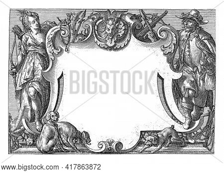 Cartouche crowned with goat's head. Flanked by a falconer and a woman with a bow and arrow. Three dogs in the foreground