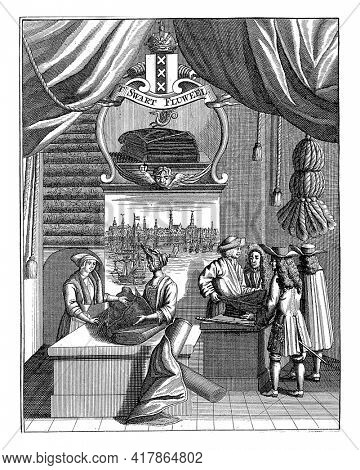 Interior of the fabric shop 't Swart Velweel, where rolls of fabric are viewed by some gentlemen, dressed according to the fashion of the second half of the seventeenth century.