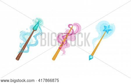 Magic Wands With Fairy Dust And Glow Swirling Around Vector Set