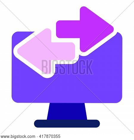 Computer Icon. Computer With Data Transfer. Flat Design Vector Icon Concept
