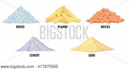 Different Building Materials Vector Illustrations Set. Piles Of Construction Materials, Rocks, Plank