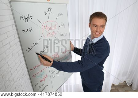 English Teacher Giving Lesson On Modal Verbs Near Whiteboard In Classroom
