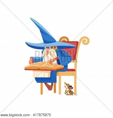 Wizard Reading A Spell Book. Old Medieval Magician Character Studying An Old Book On A Chair. The Al