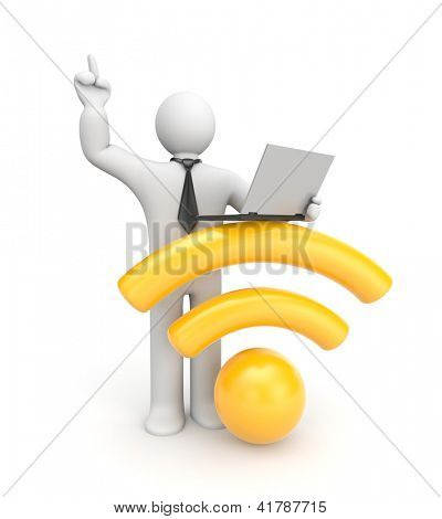 3D-karakter die op laptop werkt. WiFi metafoor