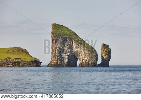 Faroe Islands Coastline Landscape In Vagar Island On Sunny Day