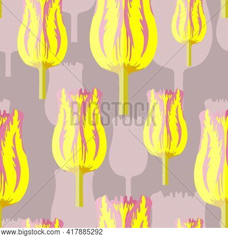 Seamless Pattern With Varietal Lilac And Yellow Tulip. Lilac Silhouettes Of The Same Tulip On The Bo