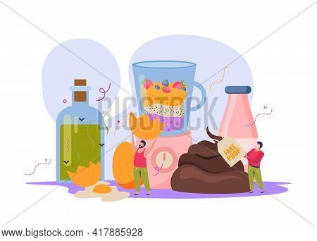 All Fools Day Flat Composition With Pranking Human Characters Holding Fake Drinks And Food With Poop