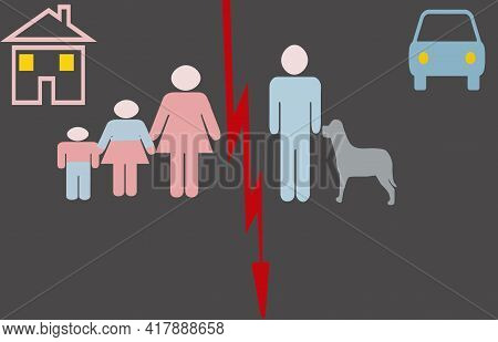 Against A Gray Background, A Man And A Dog Stand On One Side, A Car Above. On The Second Side There 