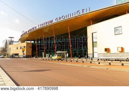 Groningen, The Netherlands - 27 Feb, 2021: View Of The Modern Entrance Of The University Hospital In