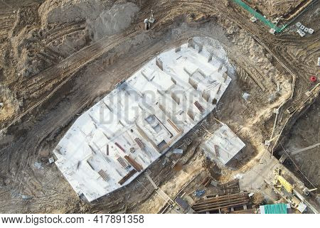Drone View Of A Large Construction Site. Out Of Focus, Possible Granularity, Motion Blur. Sharpening