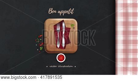Table With A Checkered Tablecloth. Knife And Fork, Napkin And Spices On The Kitchen Table. Table Set