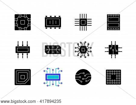 Microcircuits Black Glyph Icons Set On White Space. Designing Modern Microcomponents For Device Crea