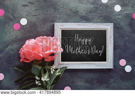 Happy Birthday Card With Peony And Paper Confetti, Circles. Single Flower And White Frame On Black, 