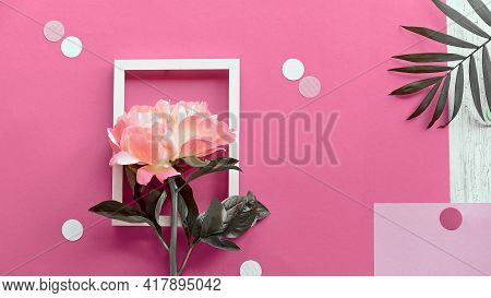 Pink Peony Flower, Greeting Card, Golden Frame. Minimal Simple Flat Lay With Palm Leaf On Abstract P