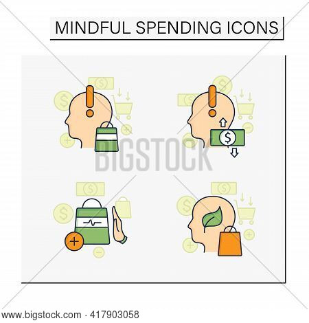 Mindful Spendings Color Icons Set. Not Impulsive Shopping, Green Thinking, Conscious Consumption. Sh
