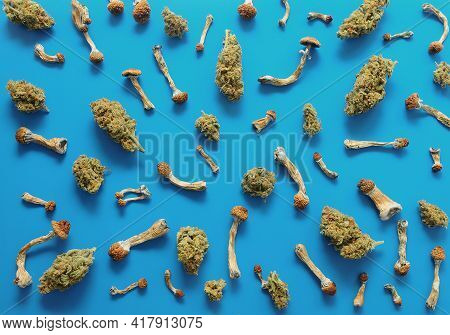 Microdosing Concept. Pattern Of Psilocybin Mushrooms And Marijuana Buds On Blue Background. Psychede