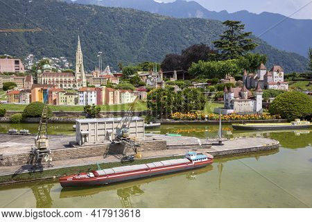 Melide / Switzerland - June 21, 2020: A View Of Swissminiatur, Open-air Miniature Park Placed In Mel