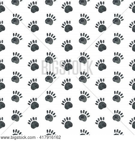 Paw Panda Watercolor Semless Pattern. White And Black Track Bear Panda
