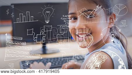 Composition of digital icons over portrait of girl using computer. global technology, education and digital interface concept digitally generated image.