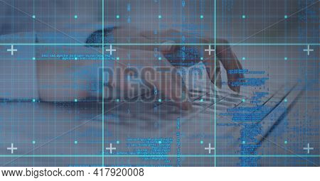 Composition of data processing with markers on grid over businessman typing on computer keyboard. global technology and digital interface concept digitally generated image.