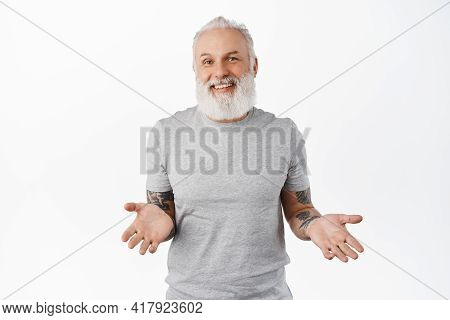 Nothing To Say. Smiling Unbothered Hipster Old Man Spread Hands Sideways, Shrugging Unaware, Look Ca