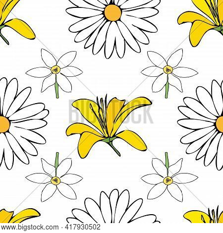 Vector White Background White Yellow Lemony Floral Seamless Pattern. Daisies, Lilies, Crocus. Seamle