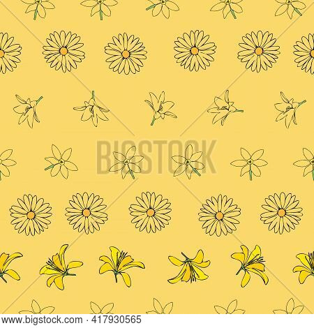 Vector Yellow Background White Yellow Lemony Floral Seamless Pattern. Daisies, Lilies, Crocus. Seaml