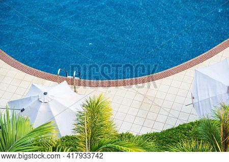 Top View Big Swimming Pool At The Edge Of The Pool Side Non Slip Tiles. Stick With The Pool Stairs. 