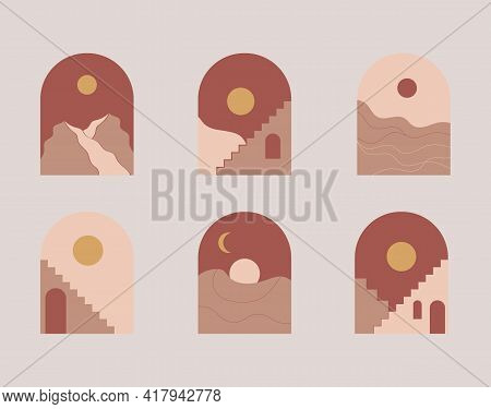 Moroccan Stairs, Arch, Walls, Arc Set Vector. Architecture Elements In Boho Style. Tunisian, Algeria