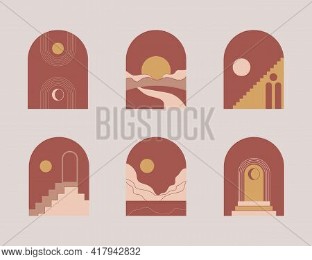 Moroccan Stairs, Arch, Walls, Arc Set Vector. Architecture Elements In Boho Style. Tunisian, Algeria