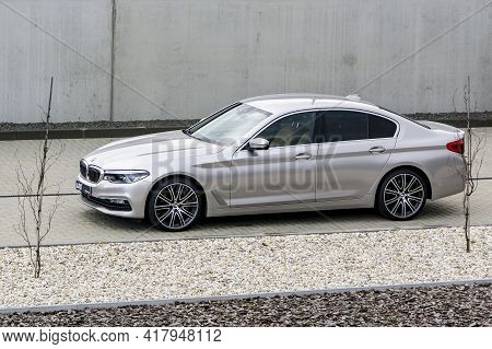 Ostrava, Czech Republic - April 22, 2021: The Silver Bmw 5 Series Luxury Car At A Dealership Present